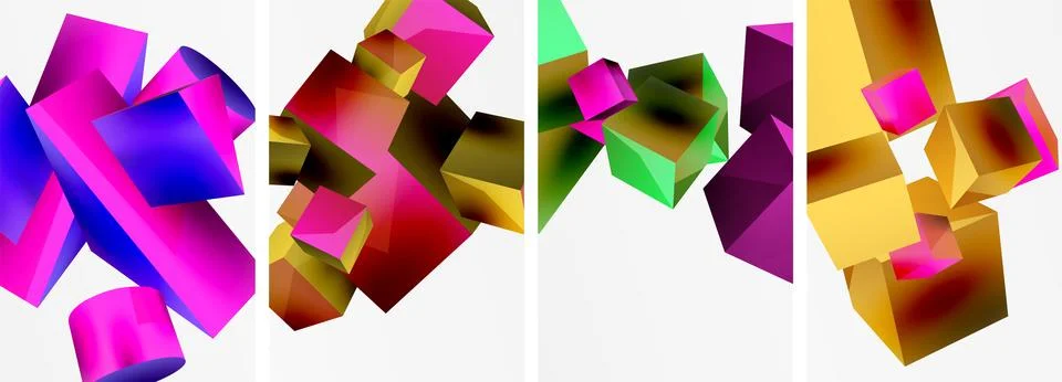 Composition of 3d cubes and other geometric elements background design for Stock Illustration