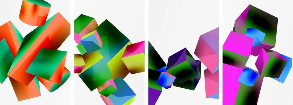 Composition of 3d cubes and other geometric elements background design for Stock Illustration