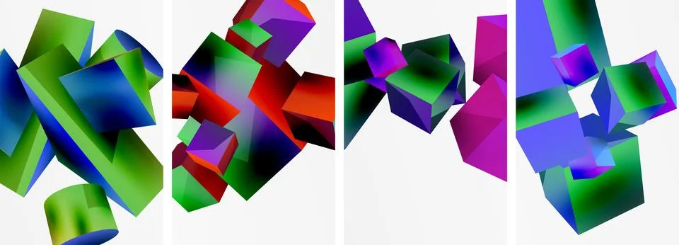 Composition of 3d cubes and other geometric elements background design for Stock Illustration