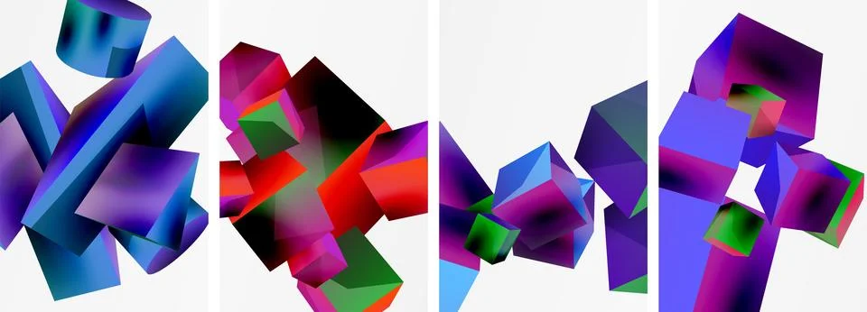 Composition of 3d cubes and other geometric elements background design for Stock Illustration