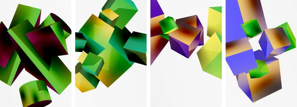 Composition of 3d cubes and other geometric elements background design for Stock Illustration