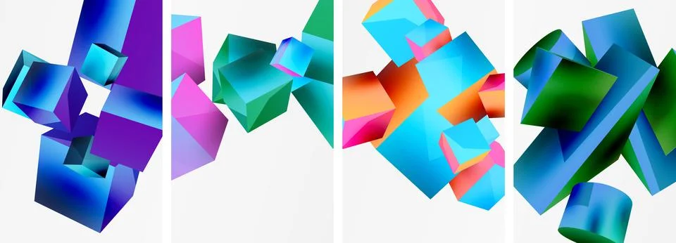Composition of 3d cubes and other geometric elements background design for Stock Illustration