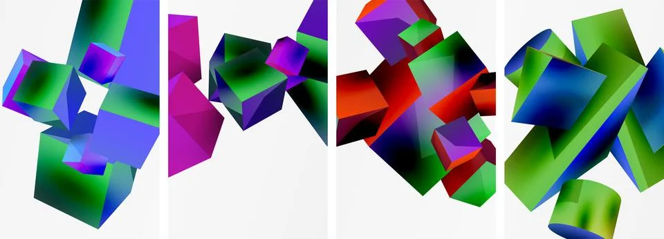 Composition of 3d cubes and other geometric elements background design for Stock Illustration