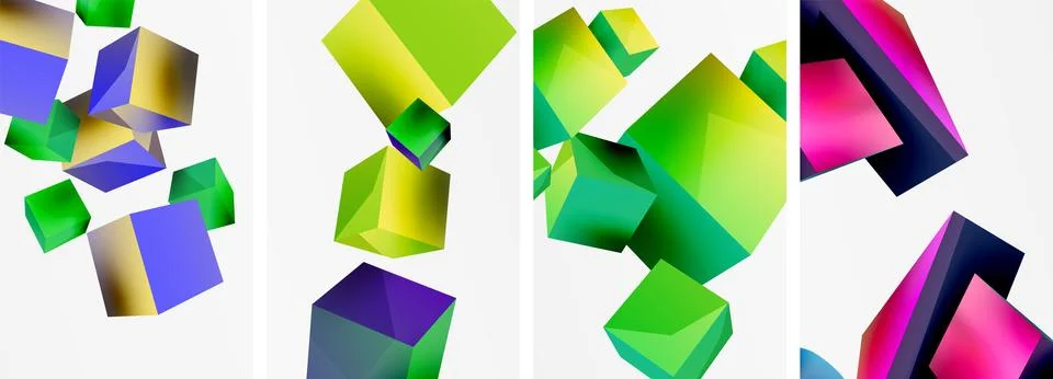 Composition of 3d cubes and other geometric elements background design for Stock Illustration