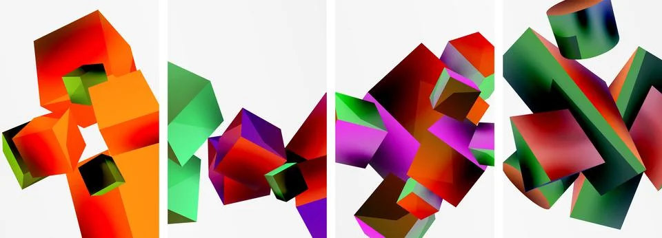 Composition of 3d cubes and other geometric elements background design for Stock Illustration