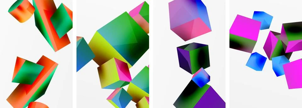 Composition of 3d cubes and other geometric elements background design for Stock Illustration