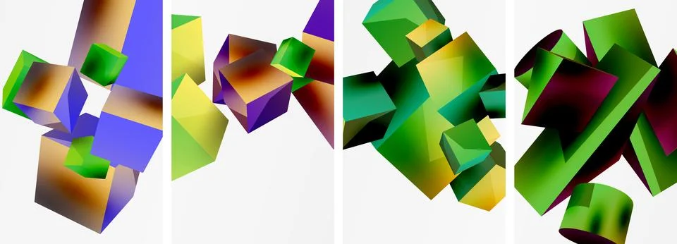 Composition of 3d cubes and other geometric elements background design for Stock Illustration