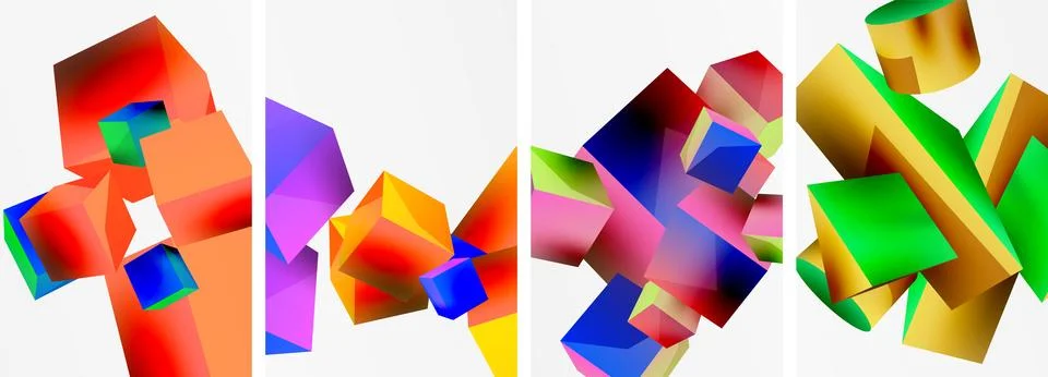 Composition of 3d cubes and other geometric elements background design for Stock Illustration