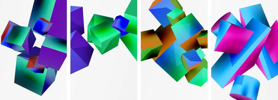 Composition of 3d cubes and other geometric elements background design for Stock Illustration