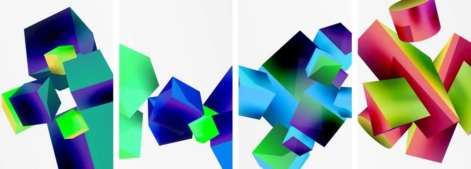 Composition of 3d cubes and other geometric elements background design for Stock Illustration
