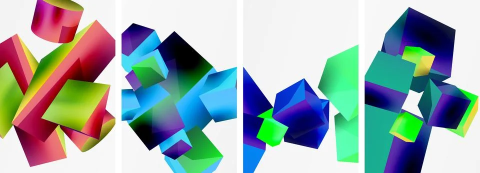 Composition of 3d cubes and other geometric elements background design for Stock Illustration