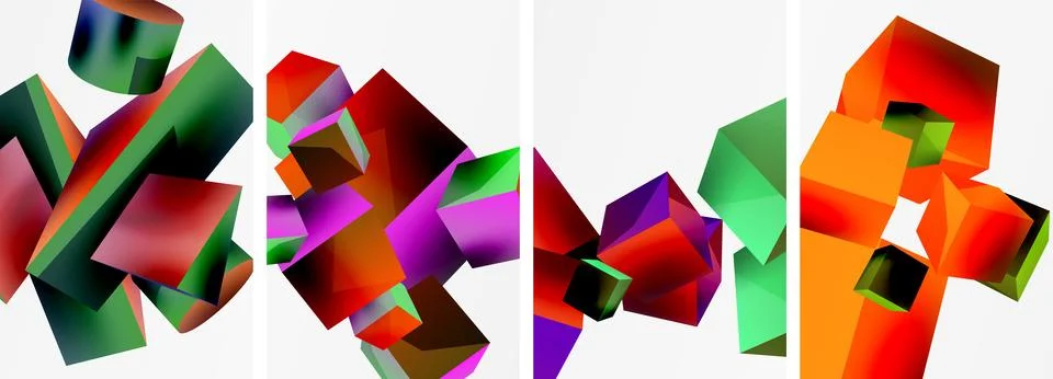 Composition of 3d cubes and other geometric elements background design for Stock Illustration