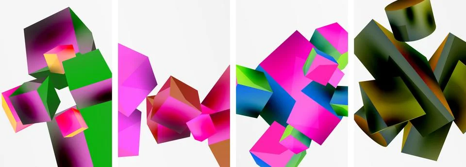 Composition of 3d cubes and other geometric elements background design for Stock Illustration