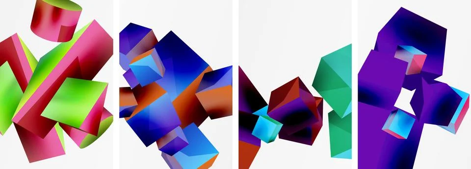 Composition of 3d cubes and other geometric elements background design for Stock Illustration