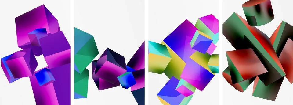 Composition of 3d cubes and other geometric elements background design for Stock Illustration