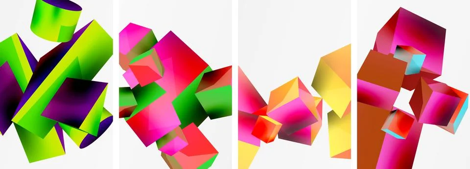 Composition of 3d cubes and other geometric elements background design for Stock Illustration