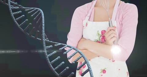 Composition of 3d dna strand over woman holding whisk Stock Photos