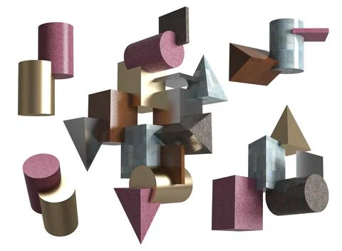 Composition of 3d figures with different textures on a white background 스톡 일러스트