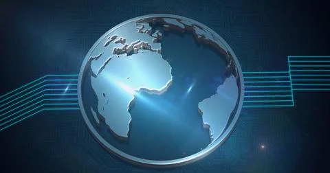 Composition of 3d globe with over blue lines on computer circuit board Stock-Illustration