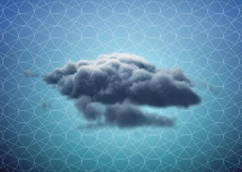 Composition of 3d grey cloud floating over white intricate grid pattern, over Illustrazione stock