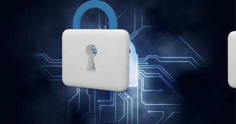 Composition of 3d padlock icon over glowing padlock shape and circuitboard on Stock Illustration