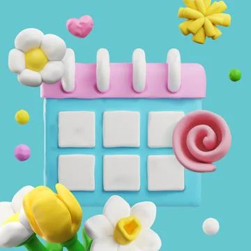 Composition with 3D plasticine calendar and spring flowers, vector render 스톡 일러스트