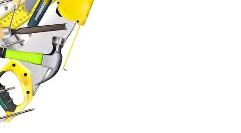 Composition 3d of set tools of carpenter craft or construction isolated Ilustración de archivo