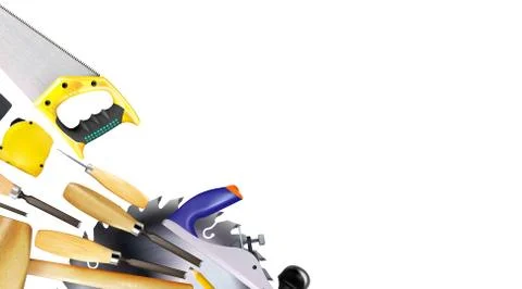 Composition 3d of set tools of joinery, carpentry craft Stock Illustration