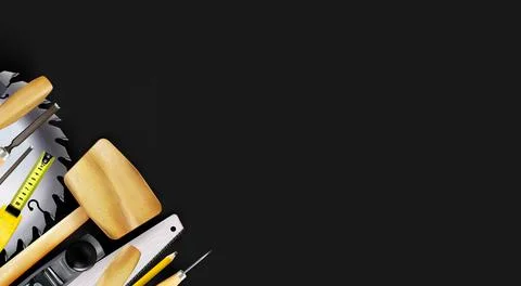 Composition 3d of set tools of joinery, carpentry craft on black backdrop Stock Illustration