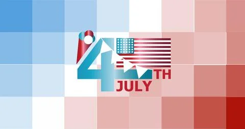Composition of 4th of july text with american flag on pixelated background Stock Illustration