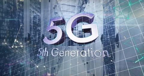 Composition of 5g 5th generation text and connections over server room Ilustração Stock