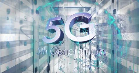 Composition of 5g 5th generation text and data processing over server room Stock Illustration