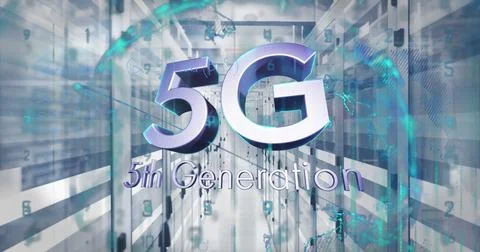 Composition of 5g 5th generation text and data processing over server room Stock Illustration