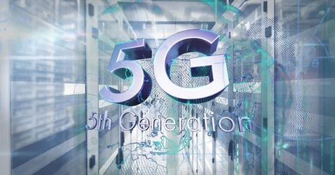 Composition of 5g 5th generation text and data processing over server room Stock Illustration