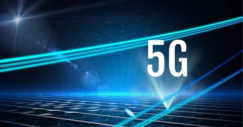 Composition of 5g text over rows of glowing lights and multiple blue electric Stock Illustration