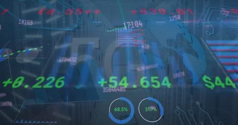 Composition of 5g text, statistics, data processing with numbers over globe Ilustração Stock