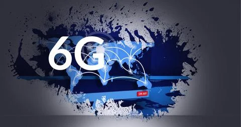 Composition of 6g text and connections over world map in background Ilustração Stock