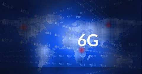 Composition of 6g text and data processing over world map on blue background Ilustração Stock