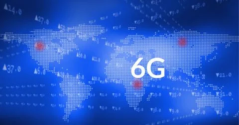 Composition of 6g text and data processing over world map on blue background Ilustração Stock