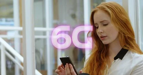 Composition of 6g text and data processing over caucasian businesswoman using Stock Photos