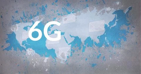 Composition of 6g text and email envelopes over world map in background Ilustração Stock
