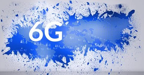 Composition of 6g text and email splodges over world map on blue background Ilustração Stock
