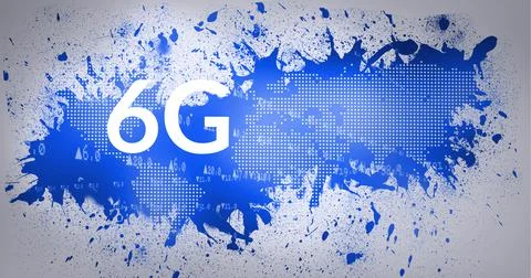 Composition of 6g text and email splodges over world map on blue background Ilustração Stock