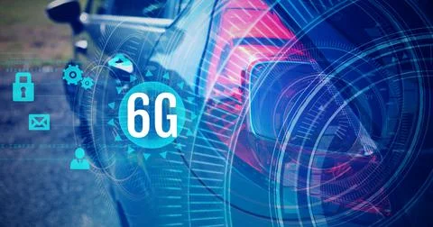 Composition of 6g text and icons over scopes and car Ilustração Stock