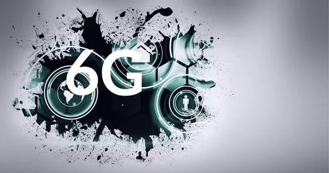Composition of 6g text and scopes scanning on white background Ilustração Stock