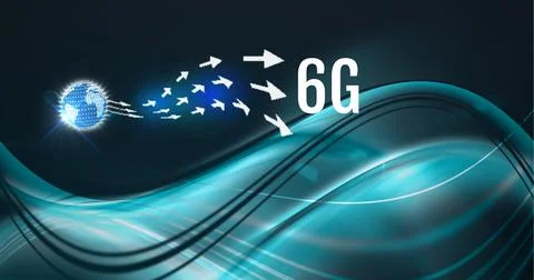 Composition of 6g text with arrows and globe over green light trails on green Ilustração Stock