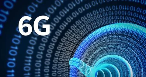 Composition of 6g text over blue binary coding on black background Stock Illustration