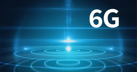 Composition of 6g text over blue glowing scopes scanning on blue background Ilustração Stock