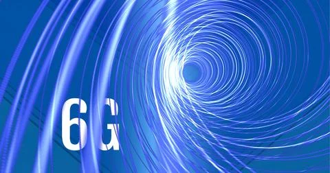 Composition of 6g text over blue light trails on blue background Stock Illustration