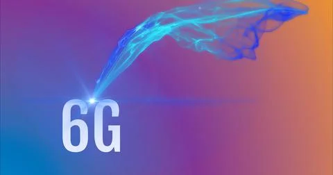 Composition of 6g text over blue light trails on gradient purple to orange Ilustração Stock